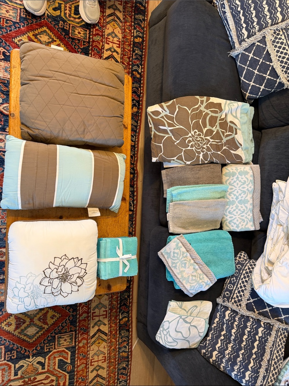 Home Bedding Set - Teal, Brown & White Decorative Towels and Pillows